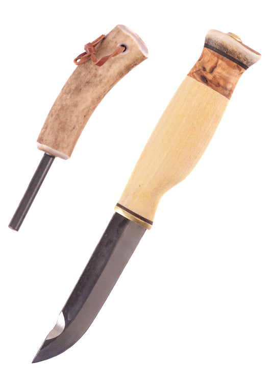 Messer und Feuerstahl mit Griffmaterial aus Maserbirke und Rentierhorn