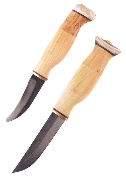 Wood Jewel Doppelmesser mit Skinner Zwei Messer mit Griffmaterial aus Maserbirke und Rentierhorn