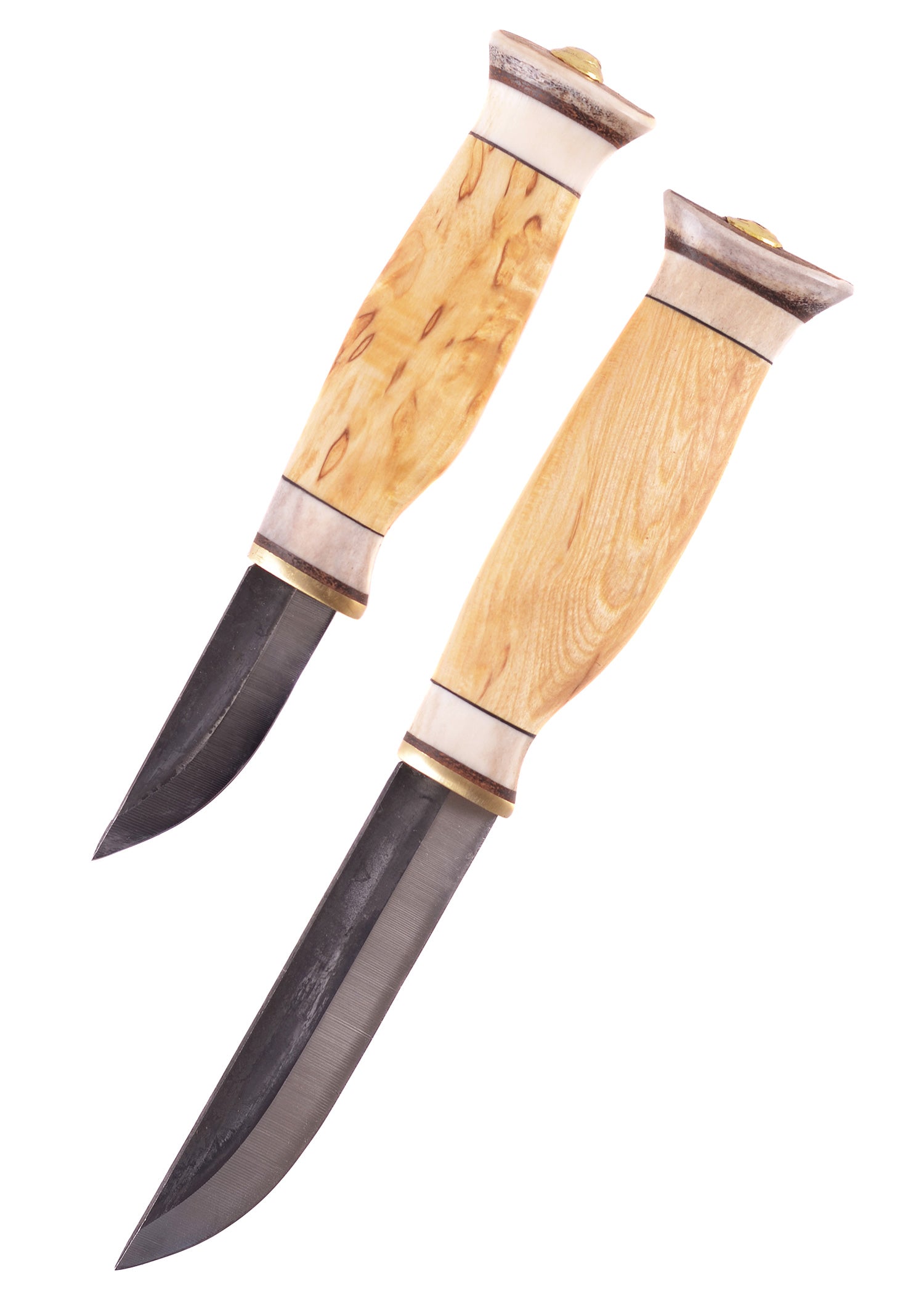 Ein großes und kleines Messer mit Griffmaterial aus Maserbirke und Rentierhorn