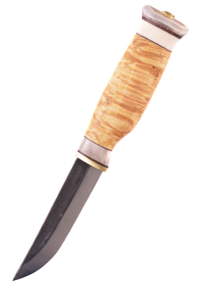 Ein Messer mit Griffmaterial aus Maserbirke und Rentierhorn