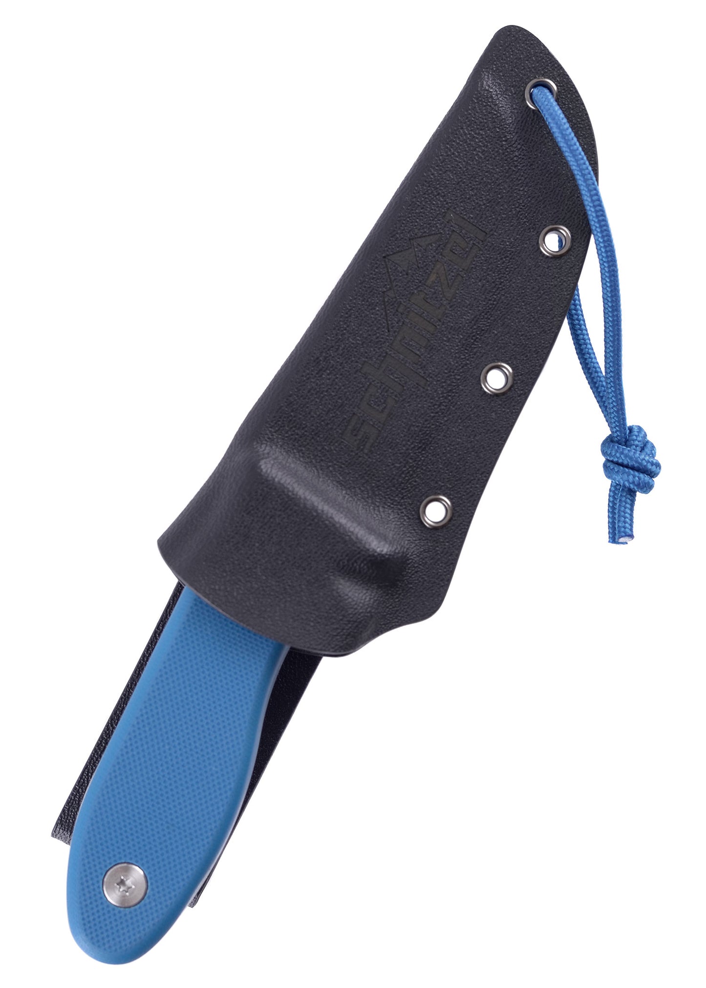 Das UNU Kinder Schnitzmesser der Firma Schnitzel mit blauem Griff in seiner Scheide mit Öffnungskordel