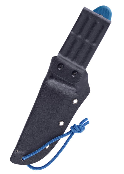 Das UNU Kinder Schnitzmesser der Firma Schnitzel mit blauem Griff in seiner Scheide mit Öffnungskordel von Hinten