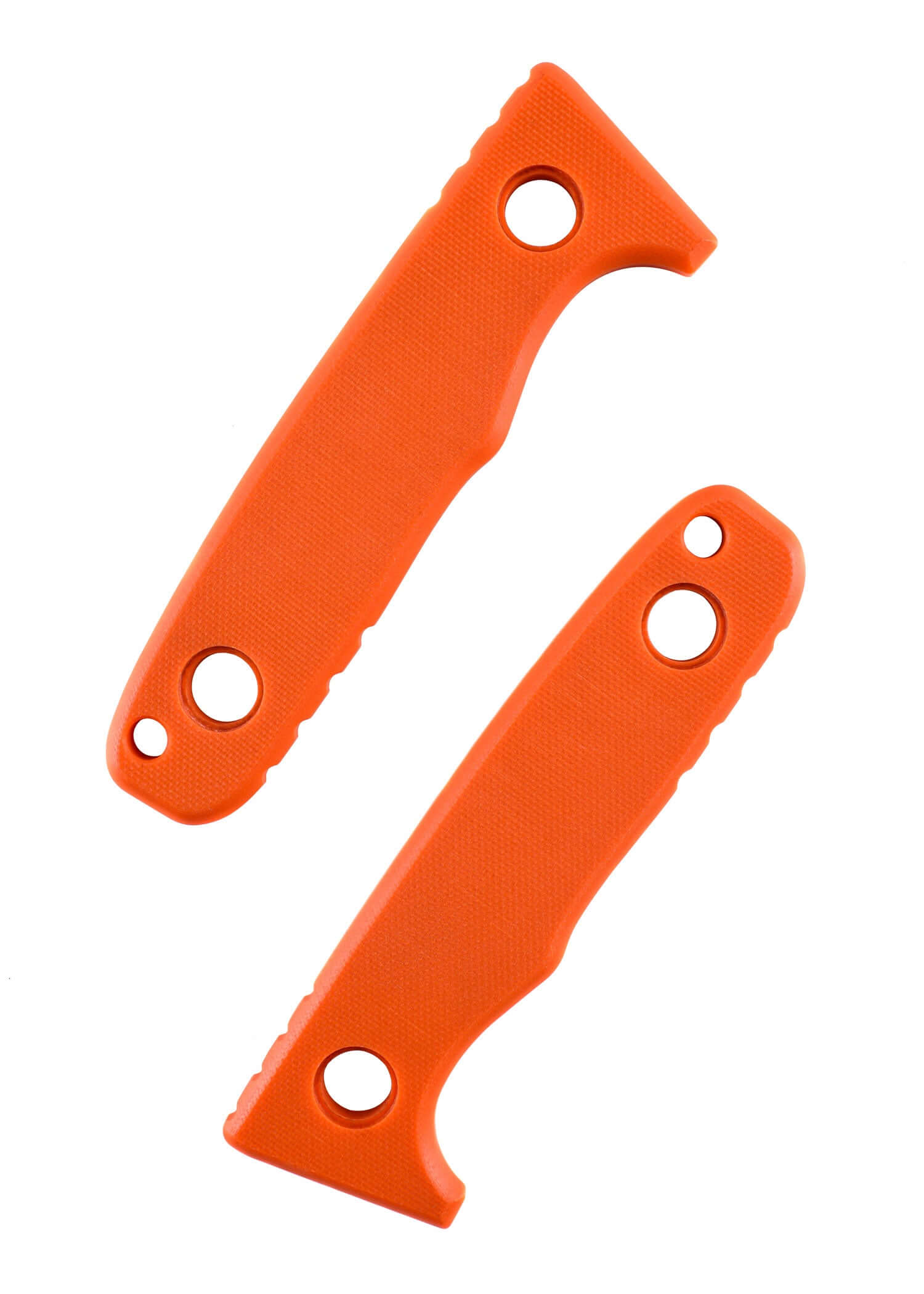 Eine linke und rechte Griffschale eines Schnitzel TRI Messers in Orange